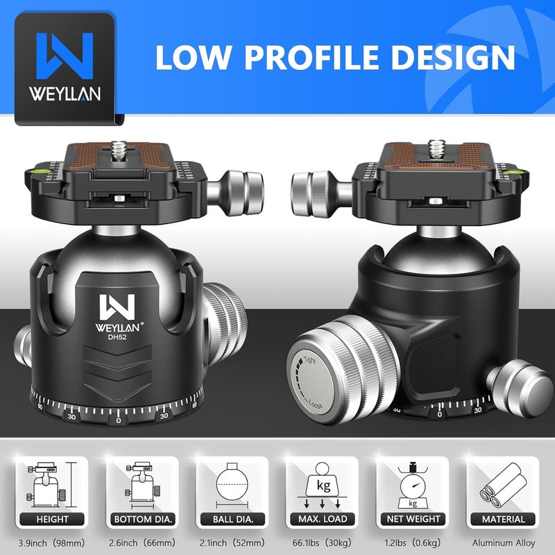 WEYLLAN Low Profile Ball Head 52mm Tripod Head DH52 Camera Head Mount, CNC Heavy Duty Ball Head with Two 1/4" Quick Release Plates, Panoramic Ballhead for Tripod, Monopod, DSLR, Max Load 66lbs /30kg - Image 3